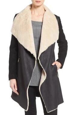 Calvin Klein Black Shearling Coat XL Draped Jacket Faux Fur Collar
